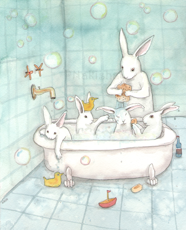 Bathtime - Bunny watercolor by Nakisha