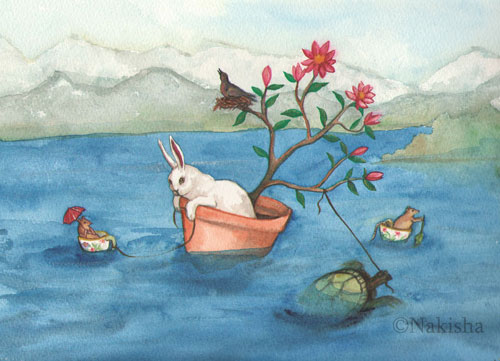 Crossing the Lake-rabbit painting by Nakisha