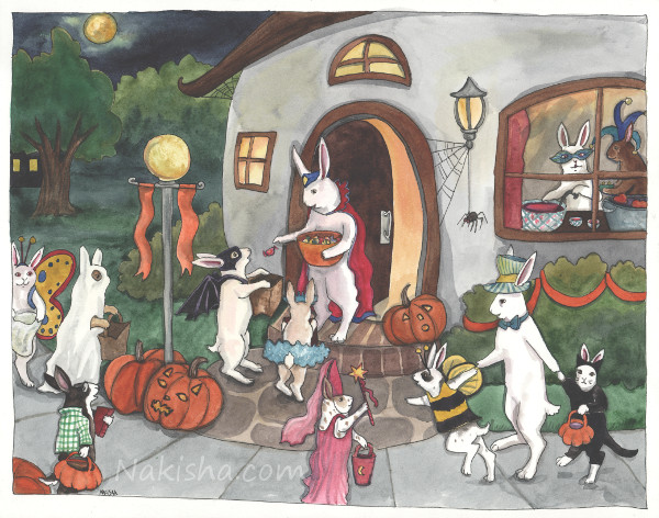 Bunnies' Halloween, Painting by Nakisha