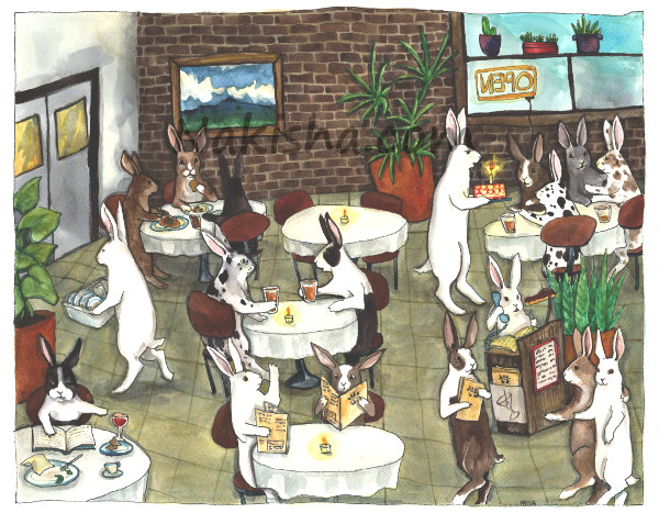 At the Restaurant, Rabbit  Painting by Nakisha