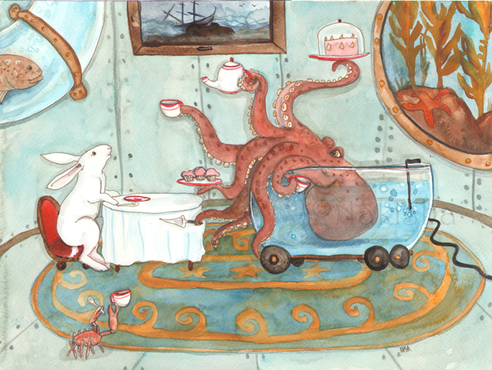 Tea with Octopus, Painting by Nakisha