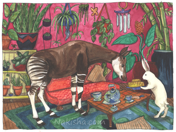 Tea with Okapi, Painting by Nakisha