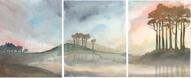 Morning Triptych Watercolor by Nakisha